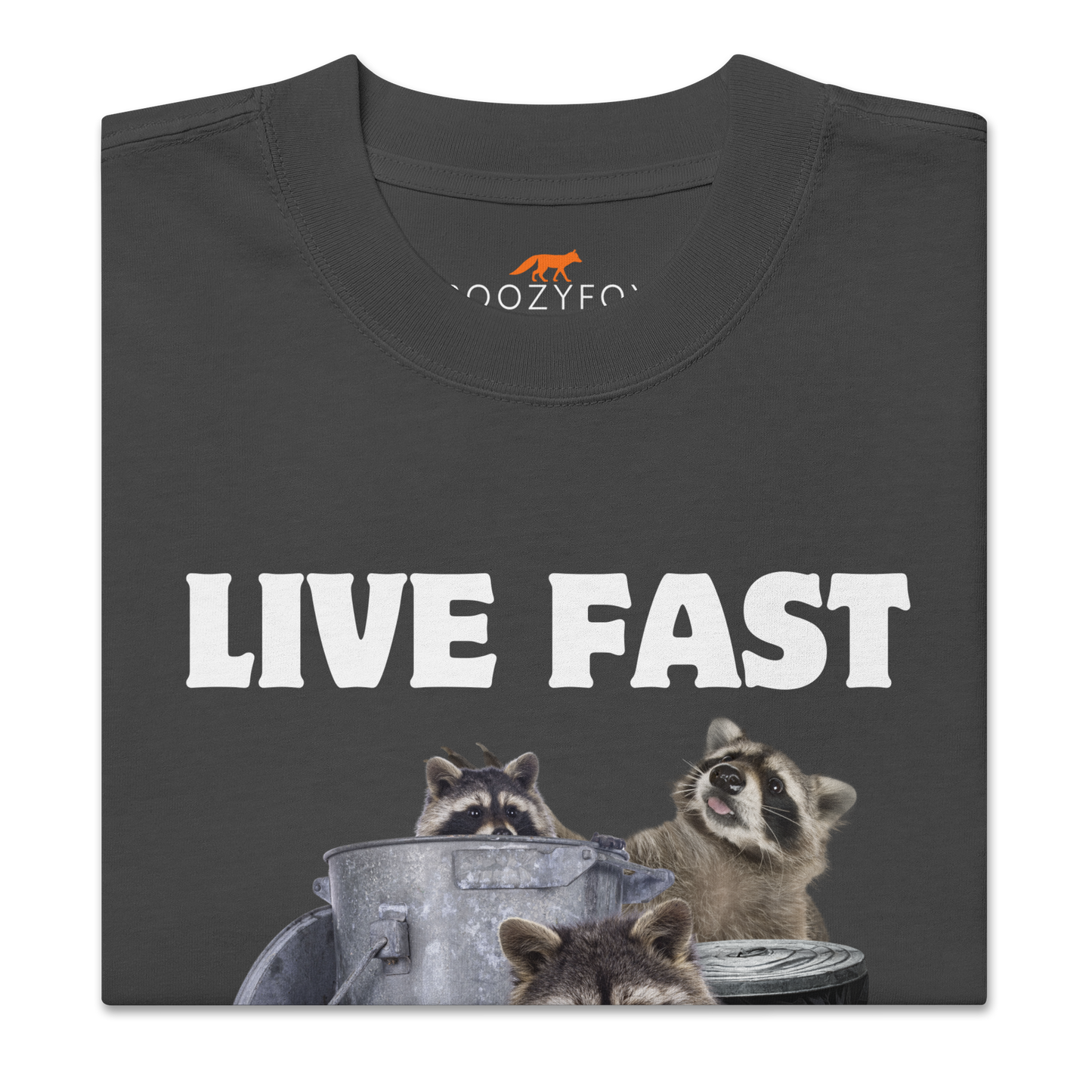 Product details of a Faded Black Live Fast Eat Trash Raccoon Oversized Tee - Boozy Fox