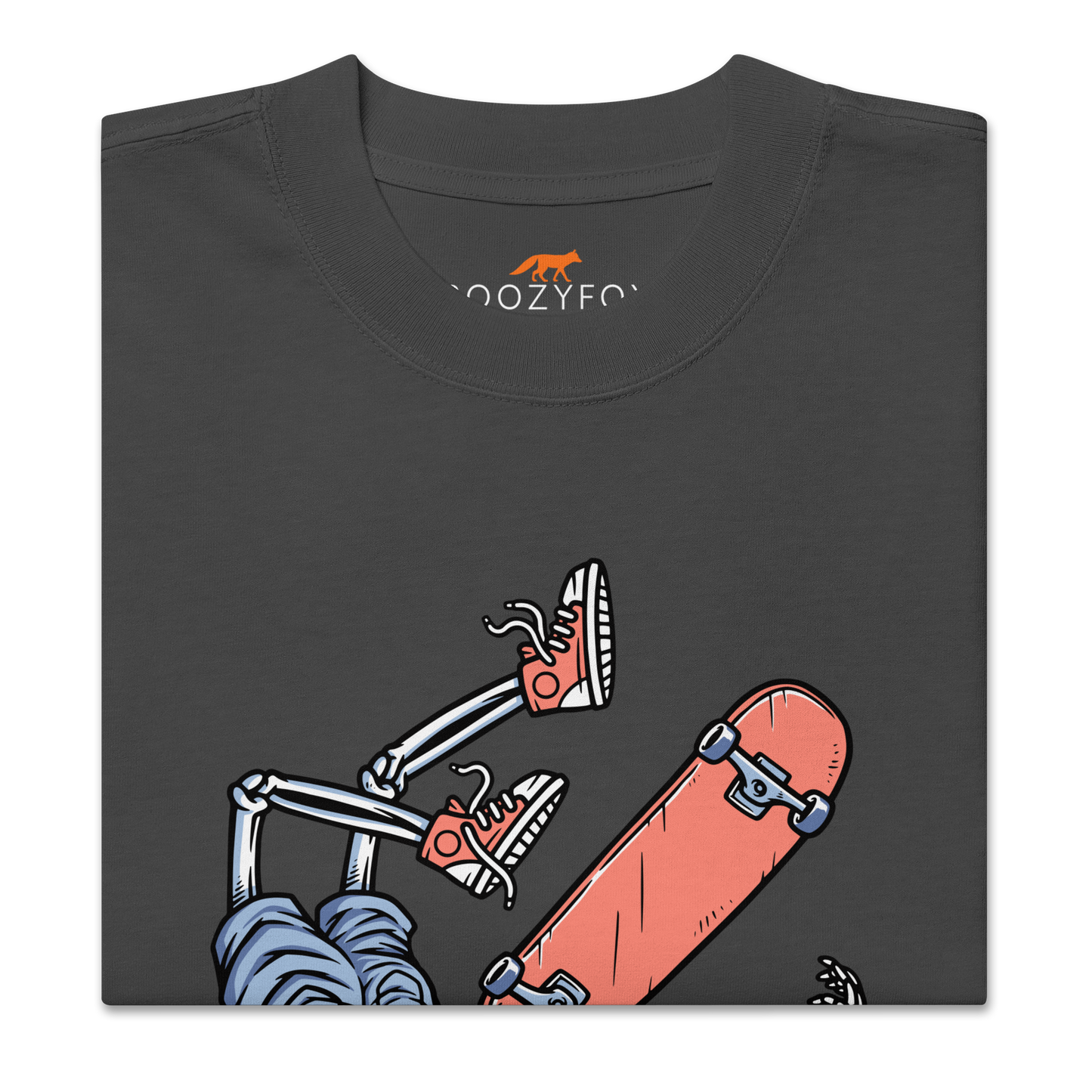 Front details of a Faded Black Skate or Die Oversized Tee - Boozy Fox