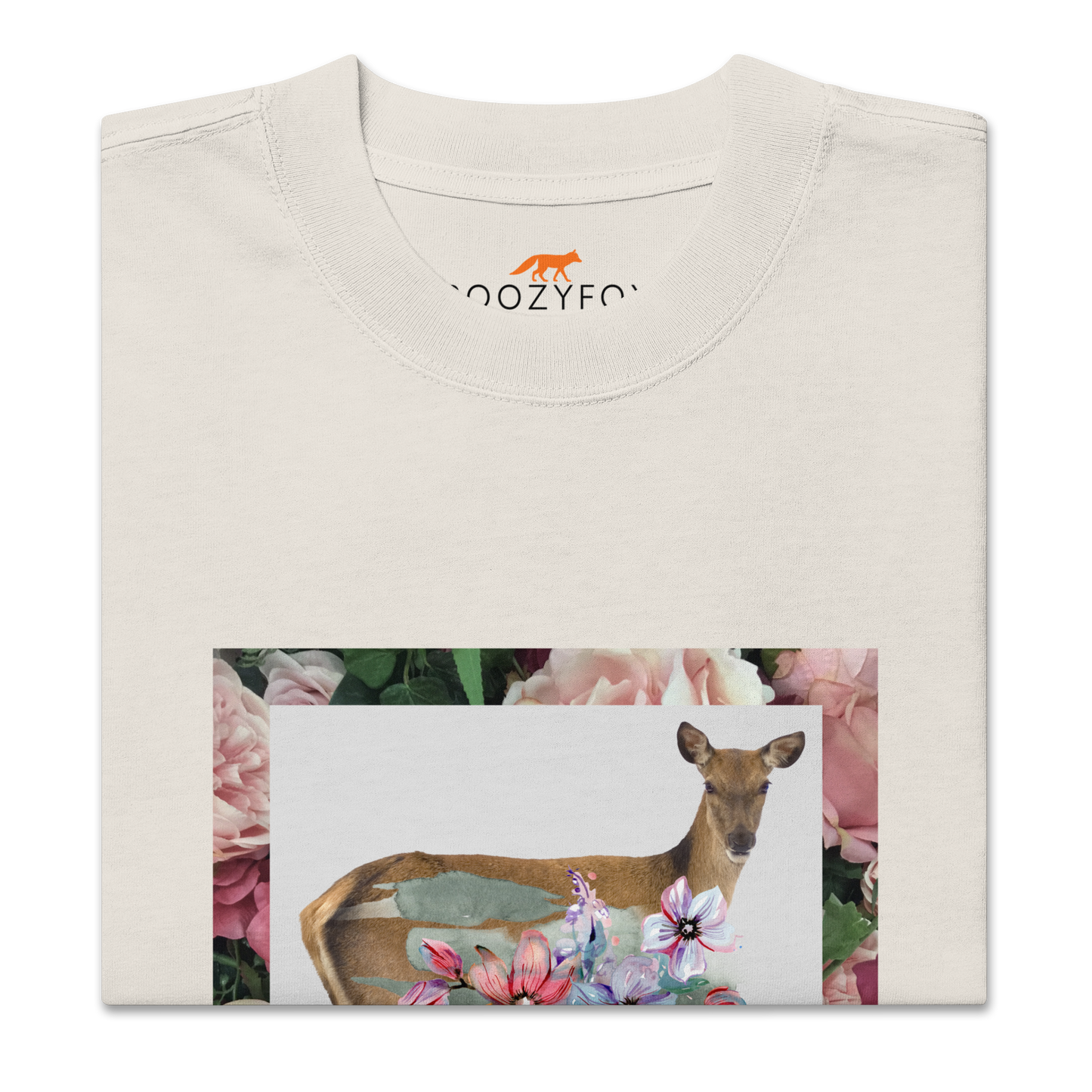 Front details of a Faded Bone Floral Deer Oversized Tee - Boozy Fox