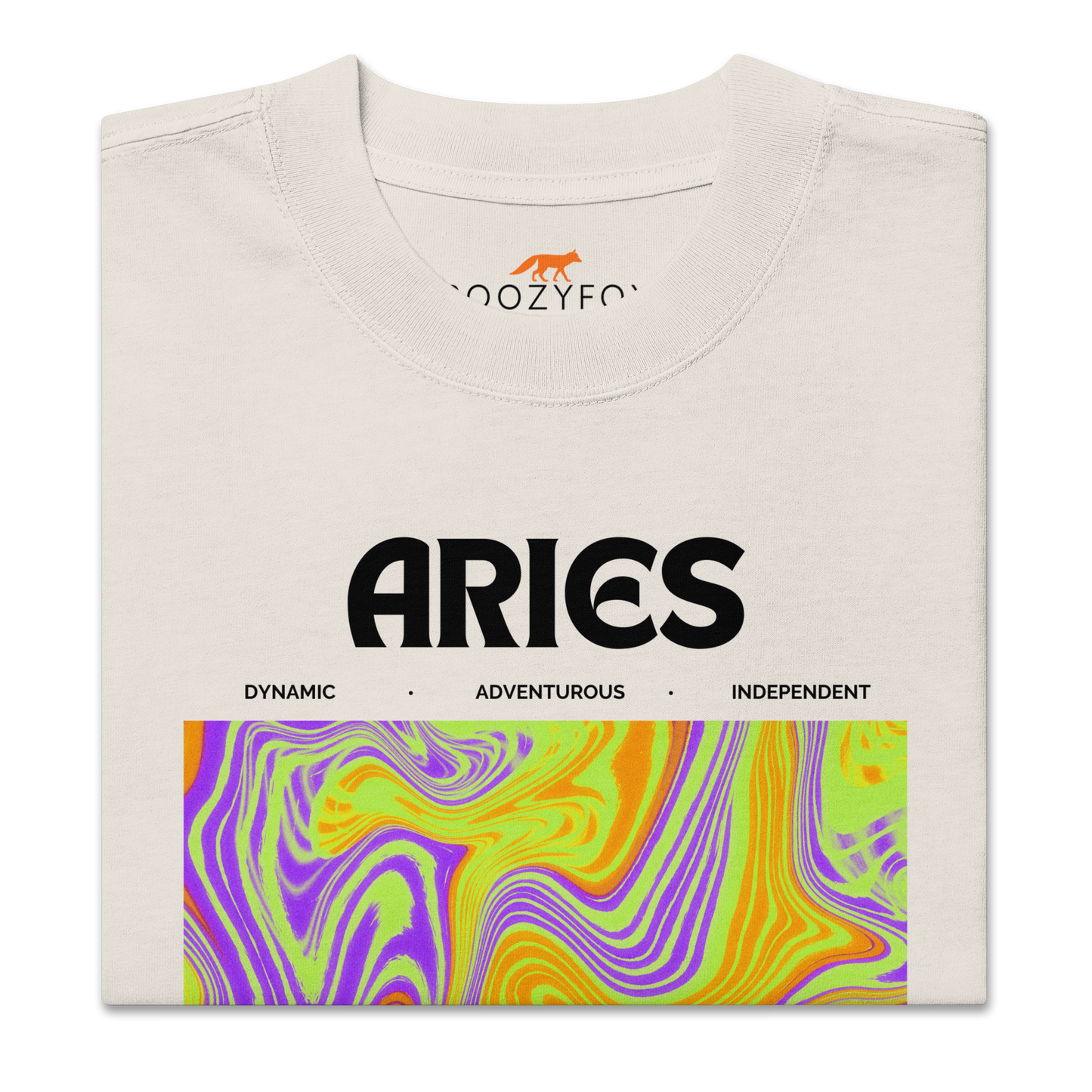 Front details of a Faded Bone Aries Oversized T-Shirt featuring an Abstract Aries Star Sign graphic on the chest - Cool Graphic Zodiac Oversized Tees - Boozy Fox