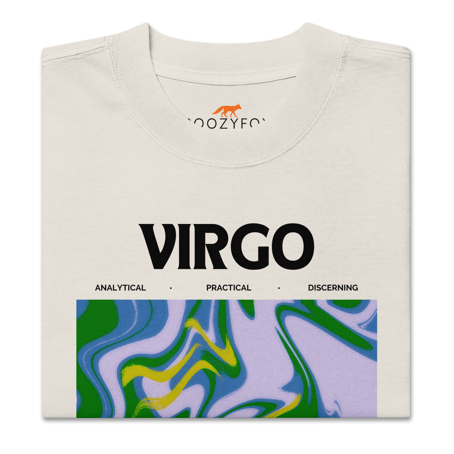 Front details of a Faded Bone Virgo Oversized T-Shirt featuring an Abstract Virgo Star Sign graphic on the chest - Cool Graphic Zodiac Oversized Tees - Boozy Fox