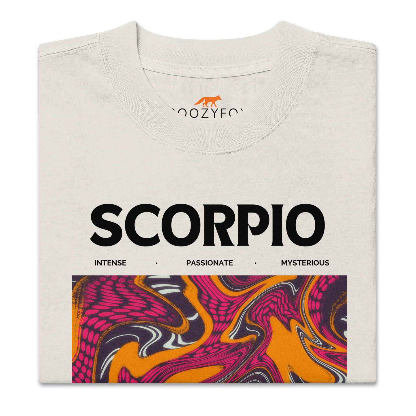 Front details of a Faded Bone Scorpio Oversized T-Shirt featuring an Abstract Scorpio Star Sign graphic on the chest - Cool Graphic Zodiac Oversized Tees - Boozy Fox