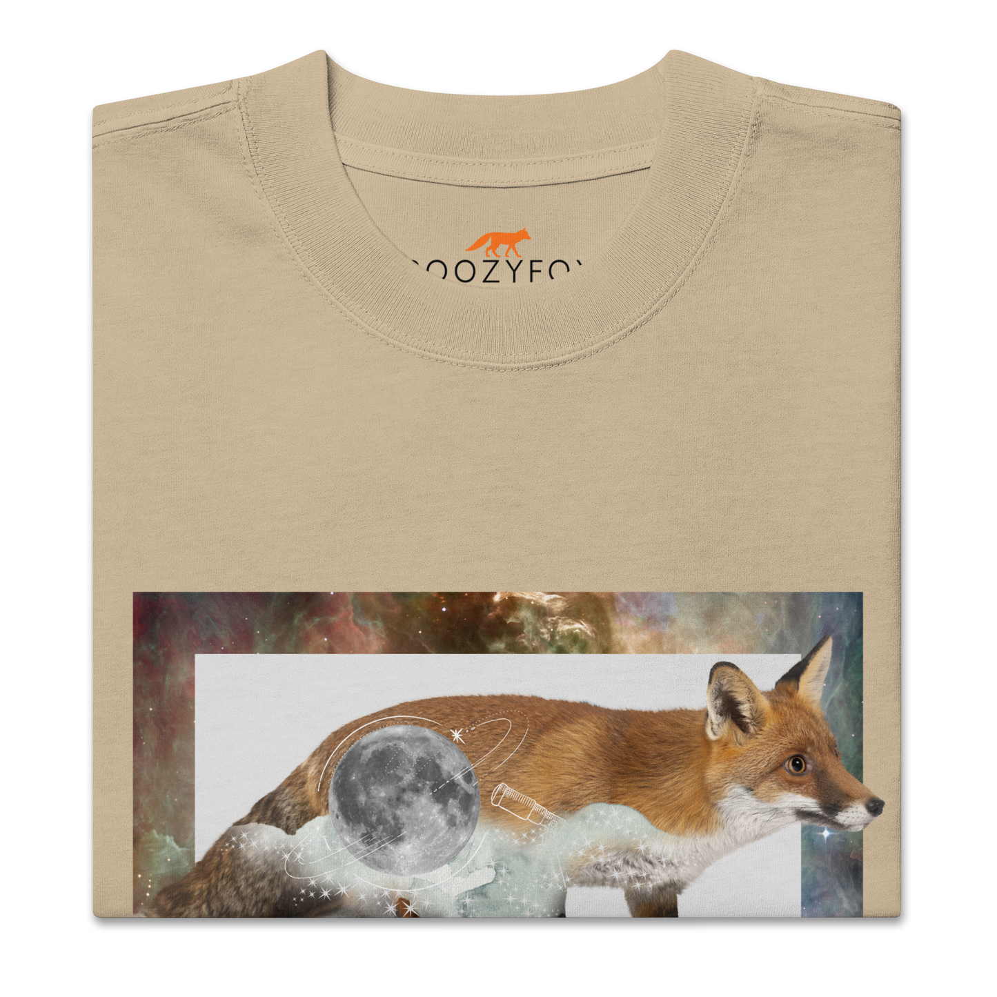 Front details of a Faded Khaki Space Fox Oversized Tee - Boozy Fox
