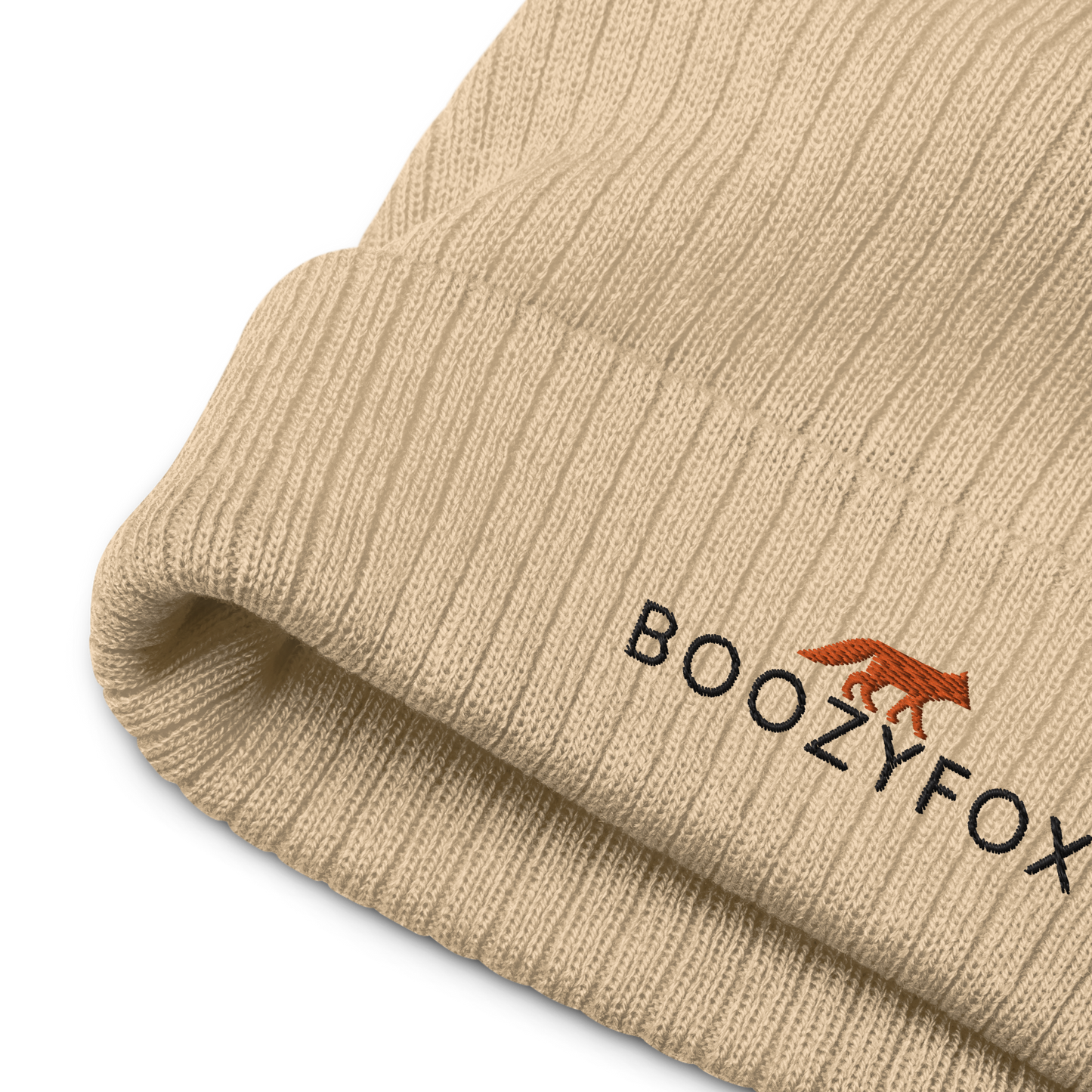 Front details of a Beige Ribbed Knit Beanie With An Embroidered Boozy Fox Logo On Fold - Shop Beanies Online - Boozy Fox