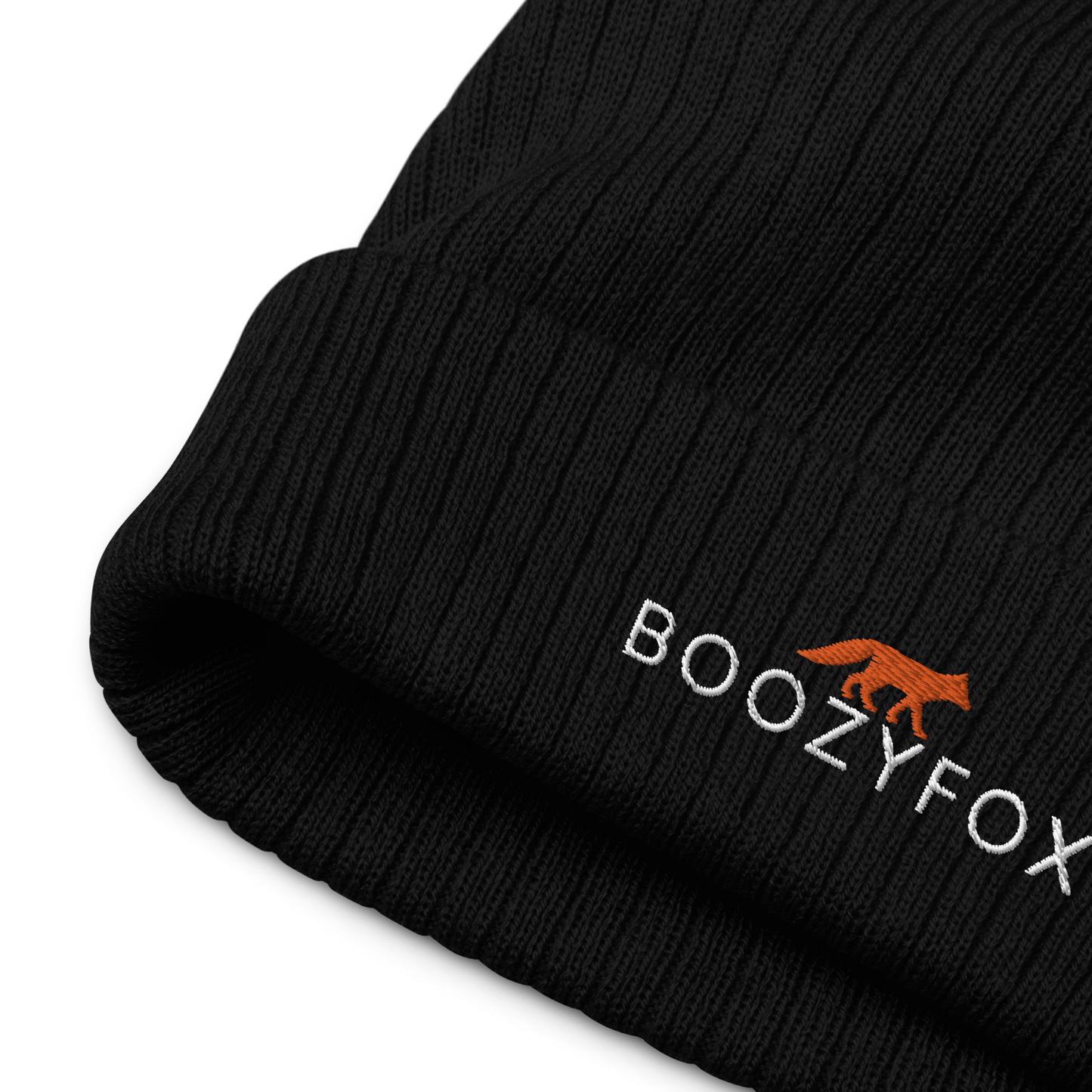 Front details of a Black Ribbed Knit Beanie With An Embroidered Boozy Fox Logo On Fold - Shop Beanies Online - Boozy Fox