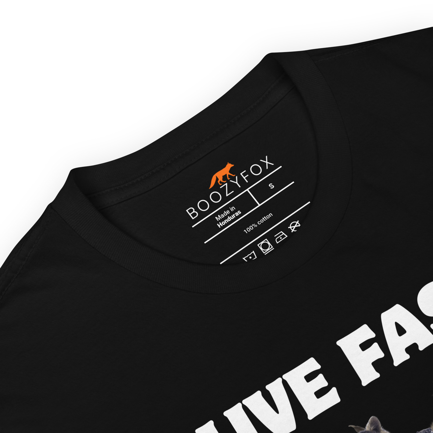 Product details of a Black Live Fast Eat Trash Raccoon T-Shirt - Boozy Fox