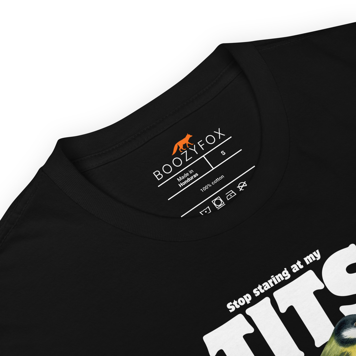 Product details of a Black Stop Staring At My Tits T-Shirt - Boozy Fox