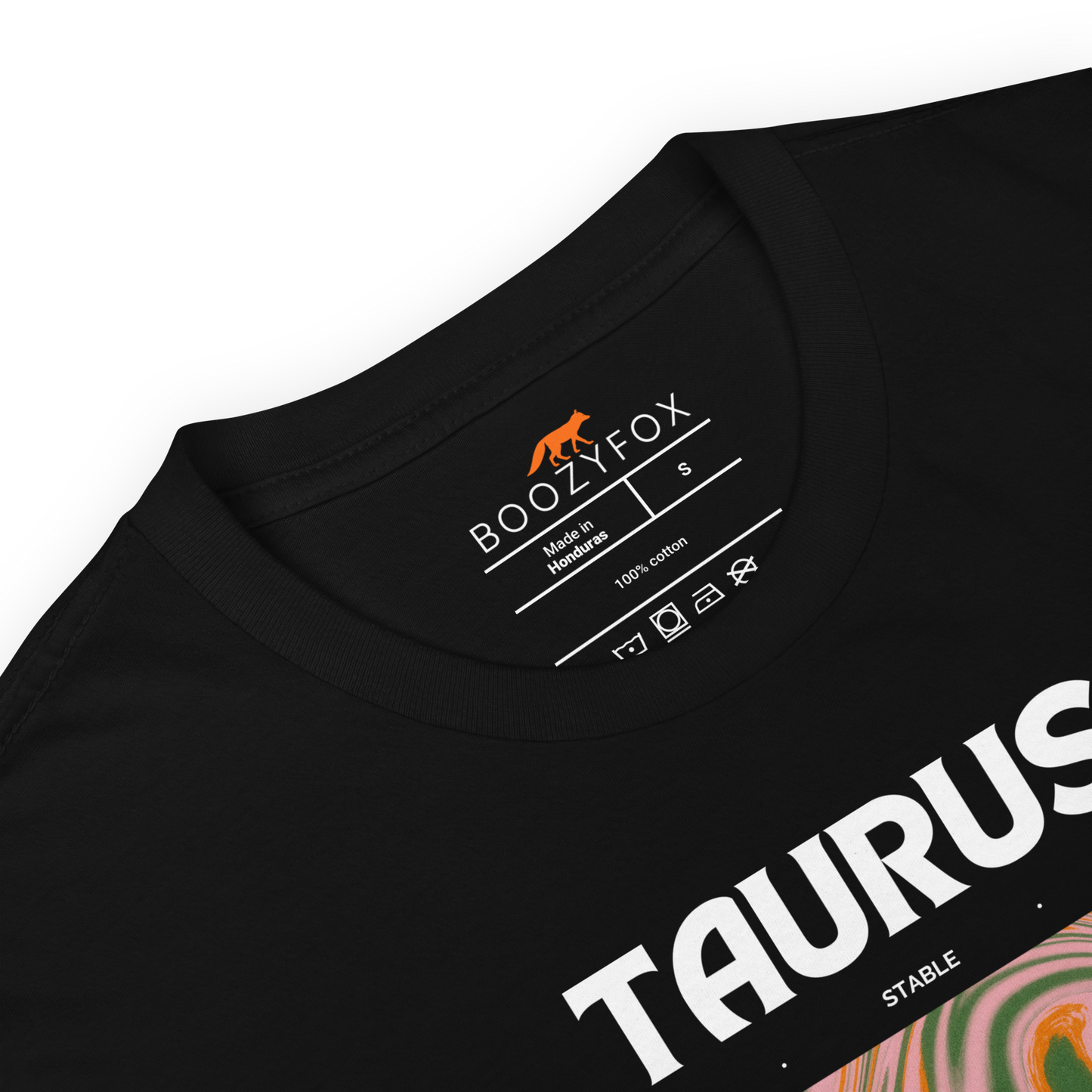 Product details of a Black Taurus T-Shirt featuring an Abstract Taurus Star Sign graphic on the chest - Cool Graphic Zodiac T-Shirts - Boozy Fox