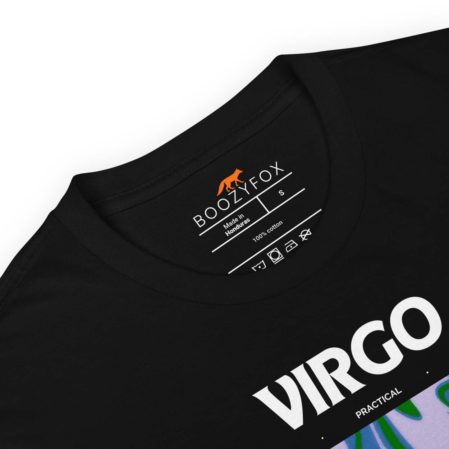 Product details of a Black Virgo T-Shirt featuring an Abstract Virgo Star Sign graphic on the chest - Cool Graphic Zodiac T-Shirts - Boozy Fox