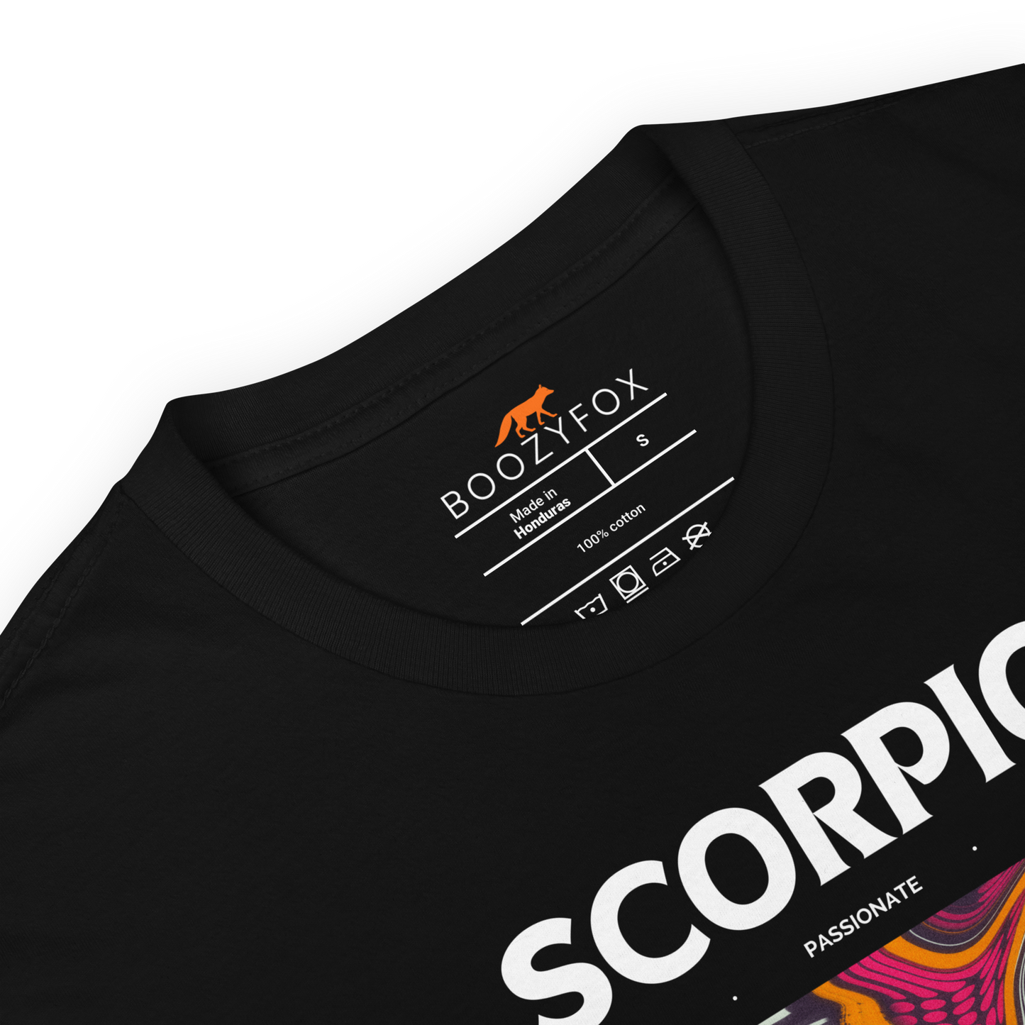 Product details of a Black Scorpio T-Shirt featuring an Abstract Scorpio Star Sign graphic on the chest - Cool Graphic Zodiac T-Shirts - Boozy Fox
