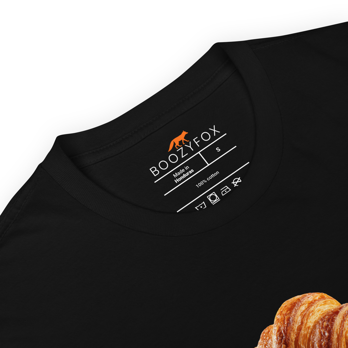 Product details of a Funny Le Croissant graphic t-shirt in black by Boozy Fox