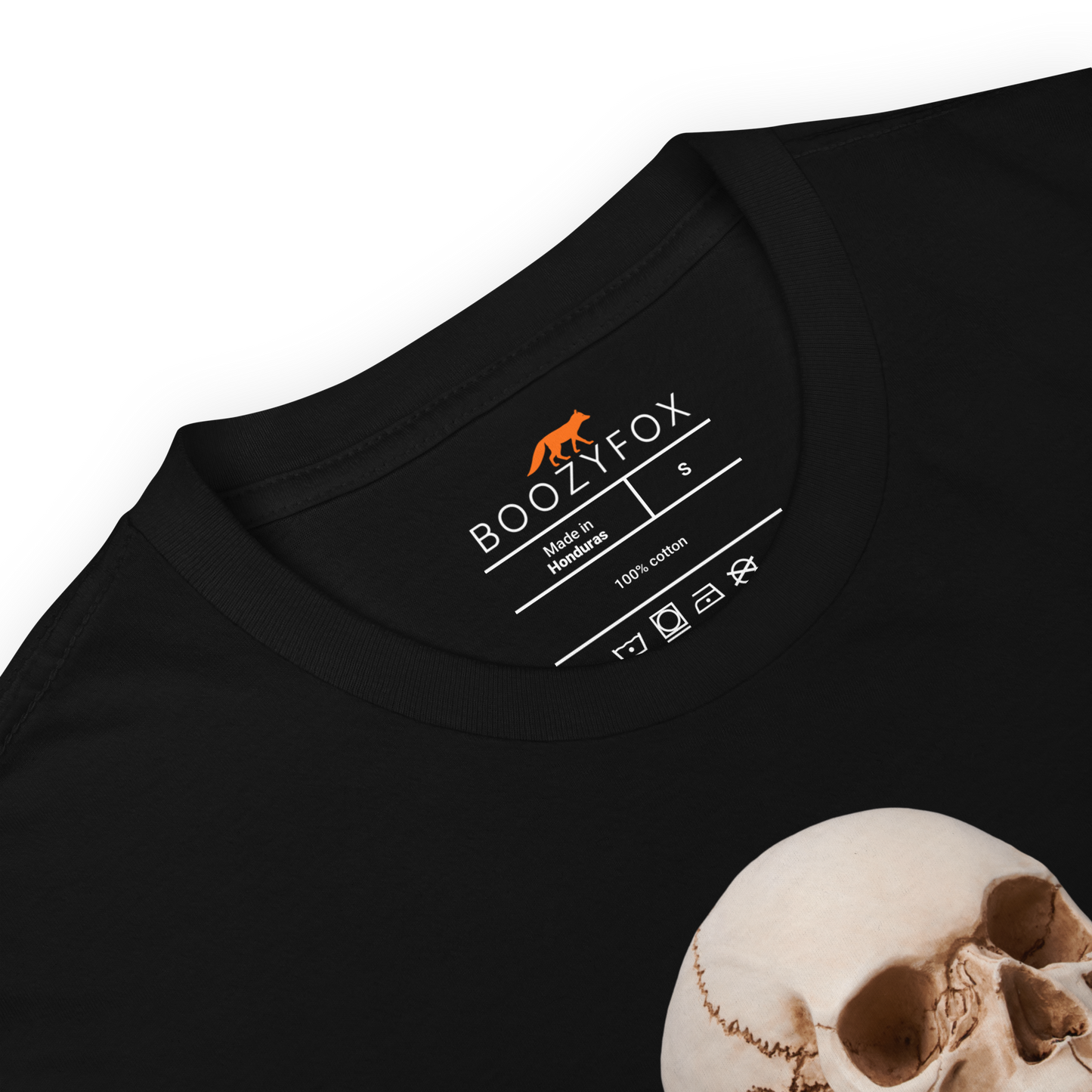 Product details of a Funny Unpaid Intern Skull graphic t-shirt in black by Boozy Fox
