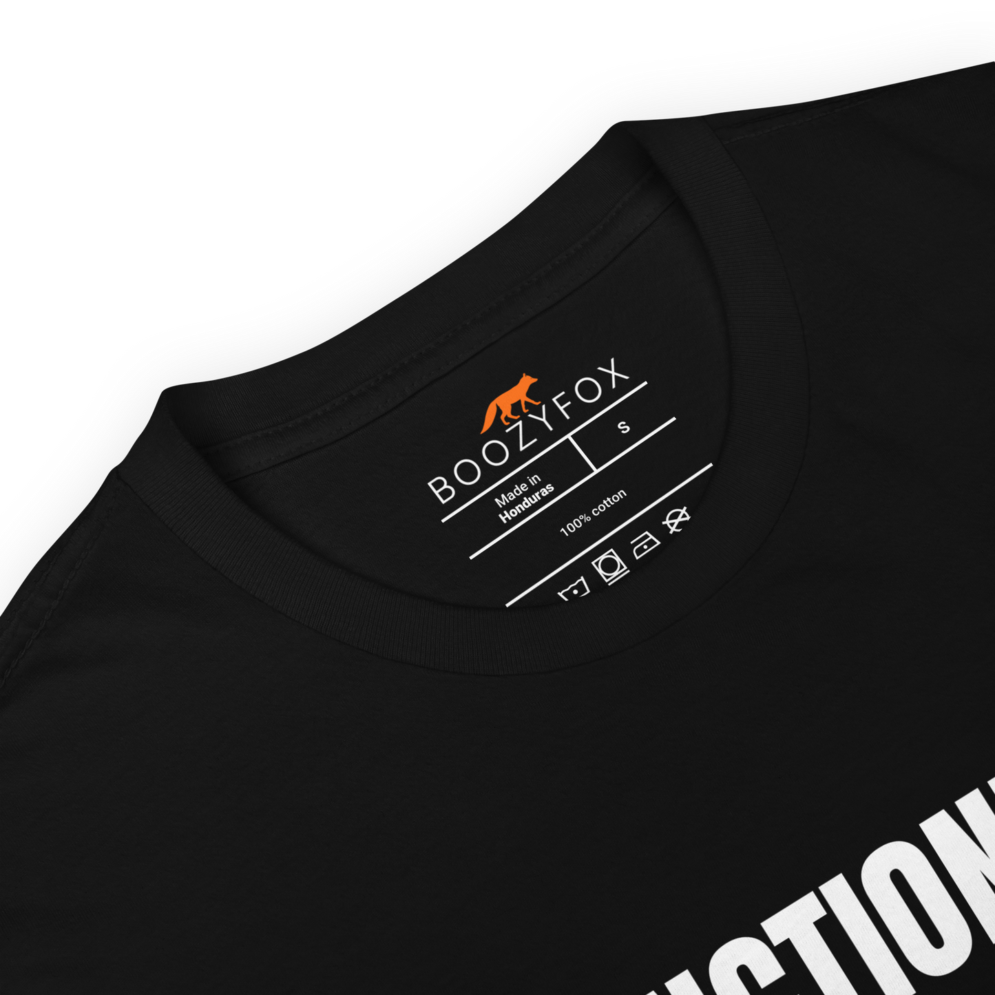 Product details of a Funny Barely Functioning graphic t-shirt in black by Boozy Fox