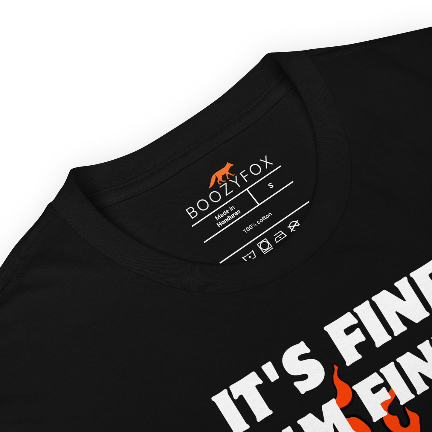 Product details of a Funny Dumpster Fire Raccoon graphic t-shirt in black by Boozy Fox