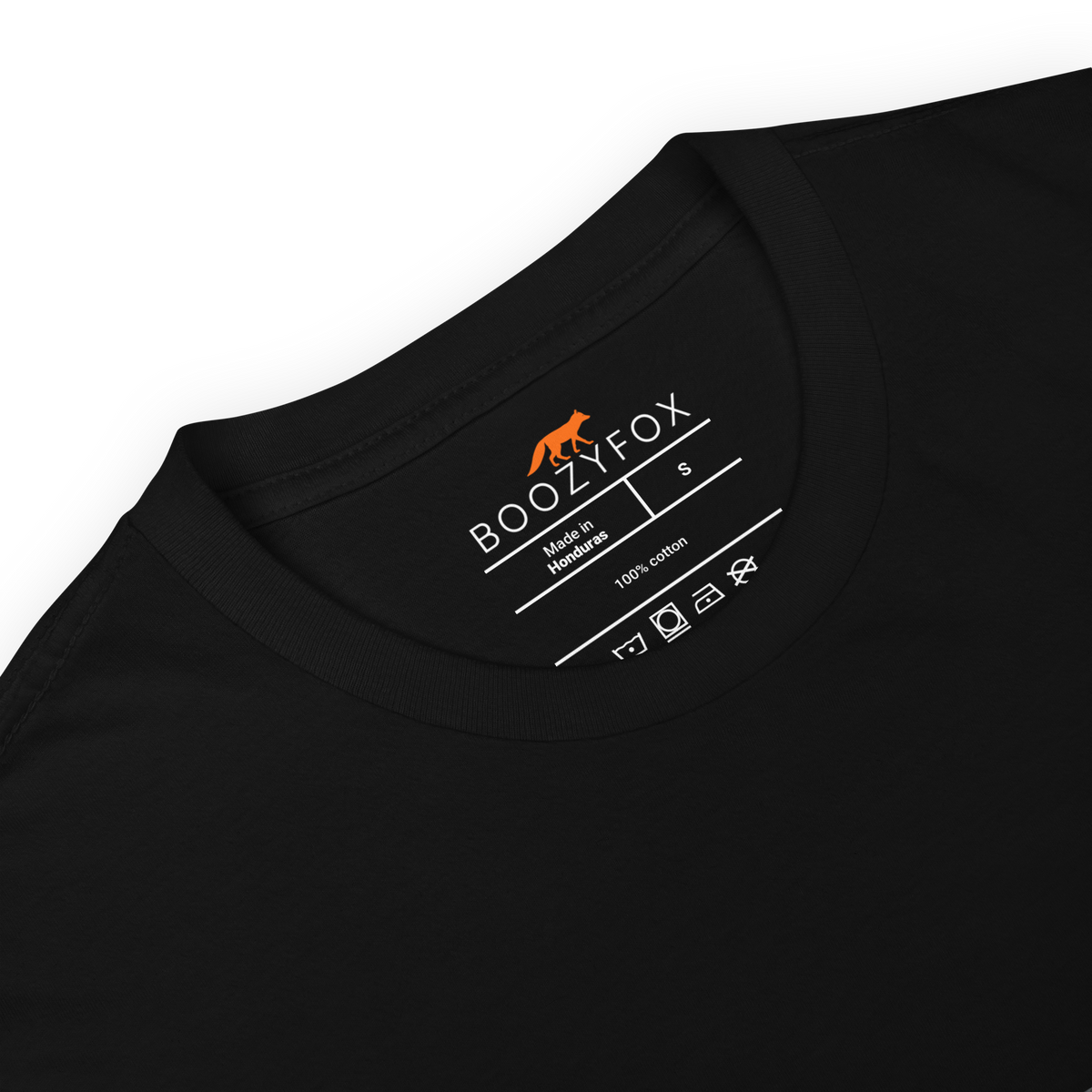 Close-up detail of black t-shirt collar and Boozy Fox neck label