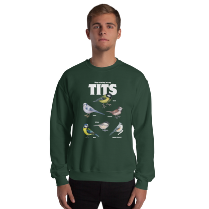 Man wearing a Forest Green Tit Sweatshirt featuring a funny Stop Staring At My Tits graphic on the chest - Funny Graphic Tit Bird Sweatshirts - Boozy Fox