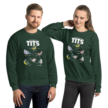 Man and Woman wearing a Forest Green Tit Sweatshirt featuring a funny Stop Staring At My Tits graphic on the chest - Funny Graphic Tit Bird Sweatshirts - Boozy Fox