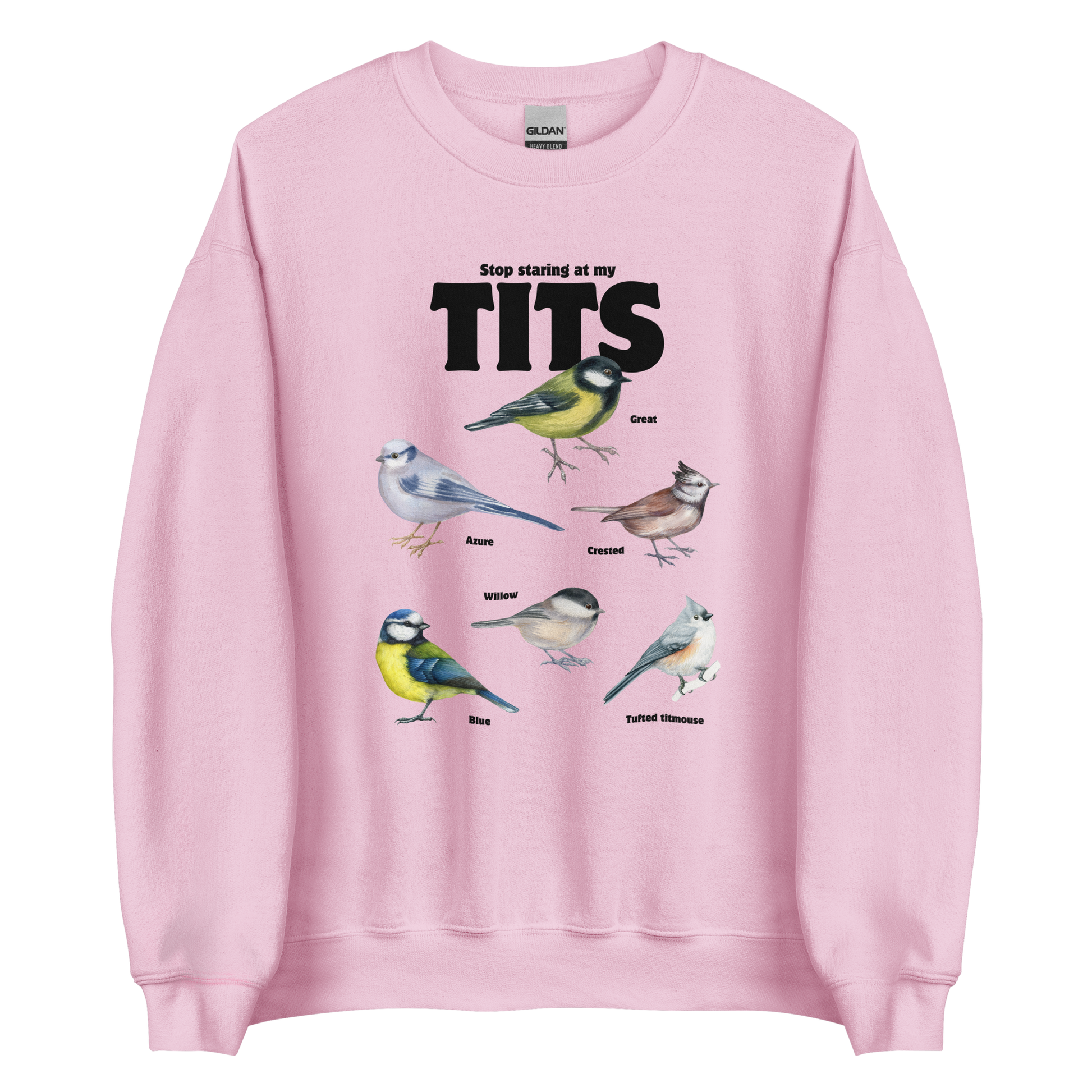 Light Pink Tit Sweatshirt featuring a funny Stop Staring At My Tits graphic on the chest - Funny Graphic Tit Bird Sweatshirts - Boozy Fox