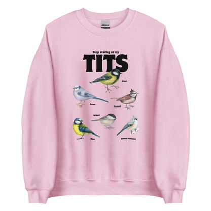 Light Pink Tit Sweatshirt featuring a funny Stop Staring At My Tits graphic on the chest - Funny Graphic Tit Bird Sweatshirts - Boozy Fox