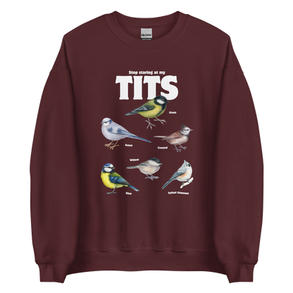 Maroon Tit Sweatshirt featuring a funny Stop Staring At My Tits graphic on the chest - Funny Graphic Tit Bird Sweatshirts - Boozy Fox