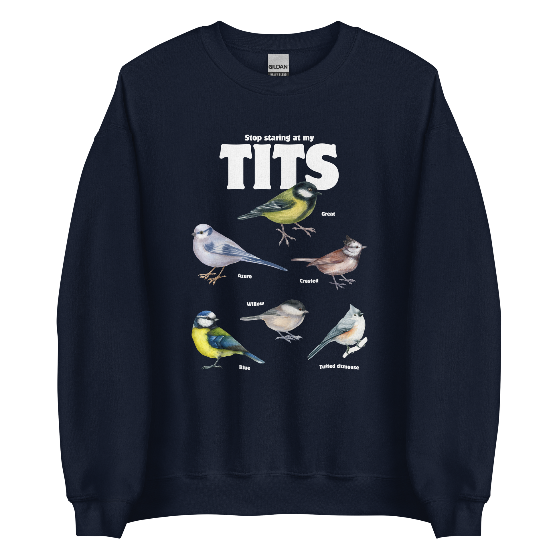 Navy Tit Sweatshirt featuring a funny Stop Staring At My Tits graphic on the chest - Funny Graphic Tit Bird Sweatshirts - Boozy Fox