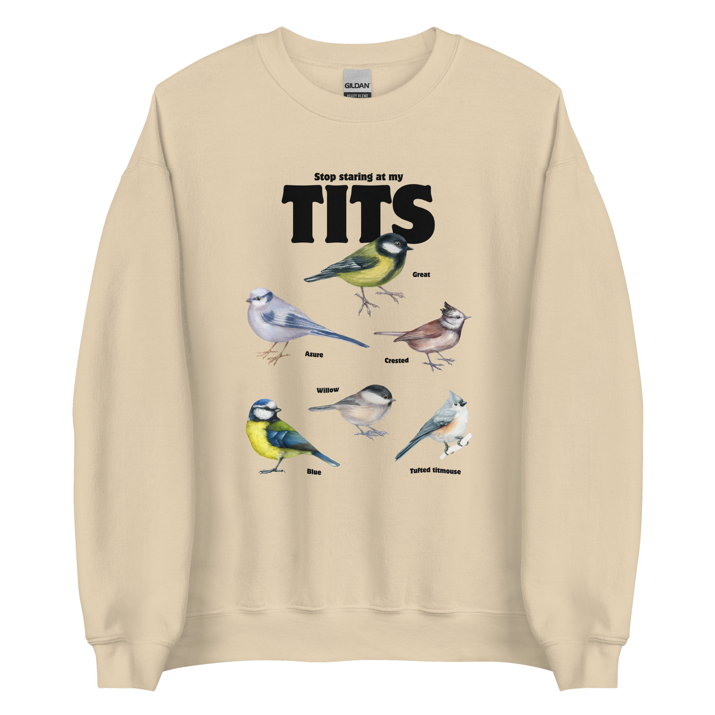 Sand Color Tit Sweatshirt featuring a funny Stop Staring At My Tits graphic on the chest - Funny Graphic Tit Bird Sweatshirts - Boozy Fox