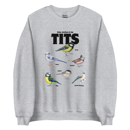 Sport Grey Tit Sweatshirt featuring a funny Stop Staring At My Tits graphic on the chest - Funny Graphic Tit Bird Sweatshirts - Boozy Fox