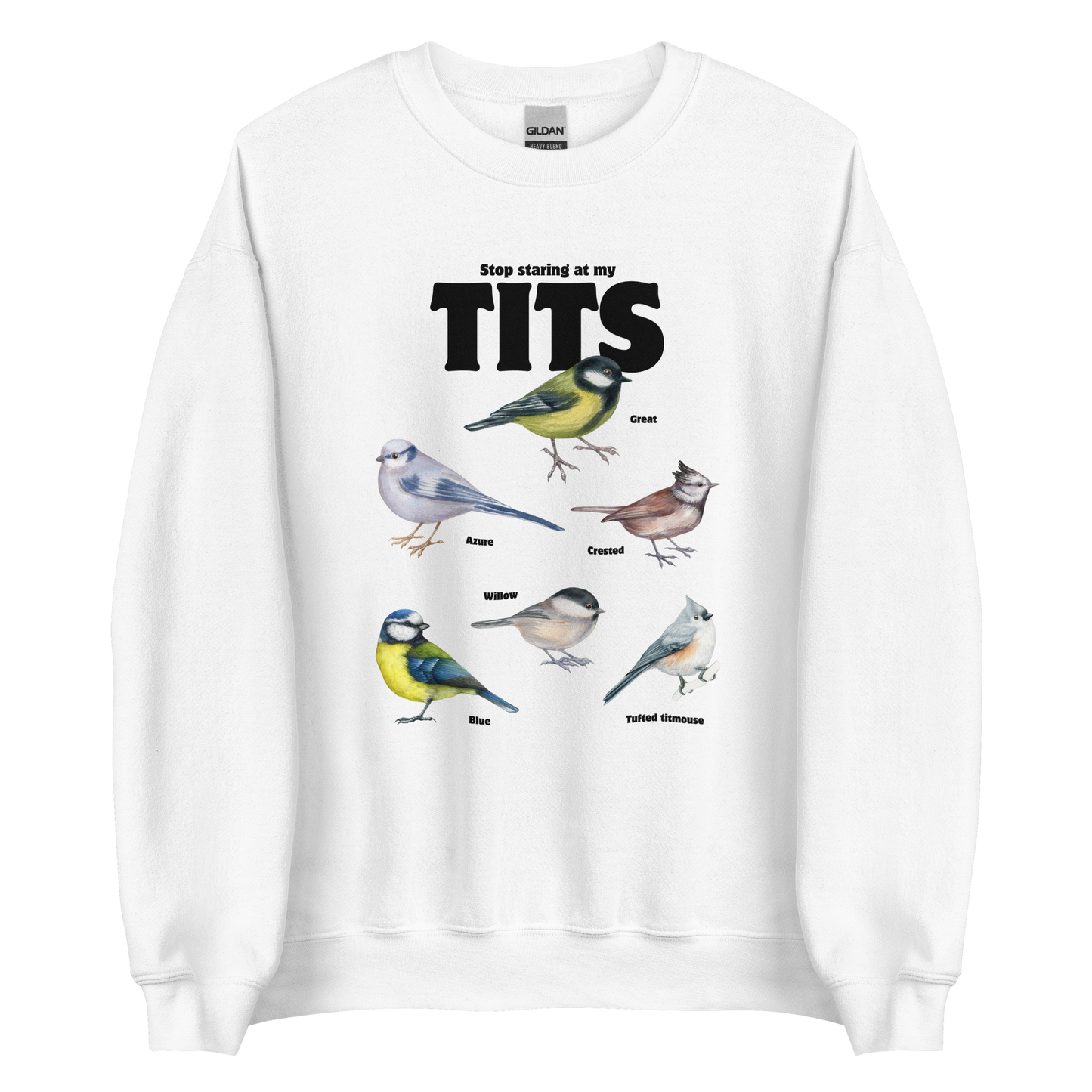 White Tit Sweatshirt featuring a funny Stop Staring At My Tits graphic on the chest - Funny Graphic Tit Bird Sweatshirts - Boozy Fox