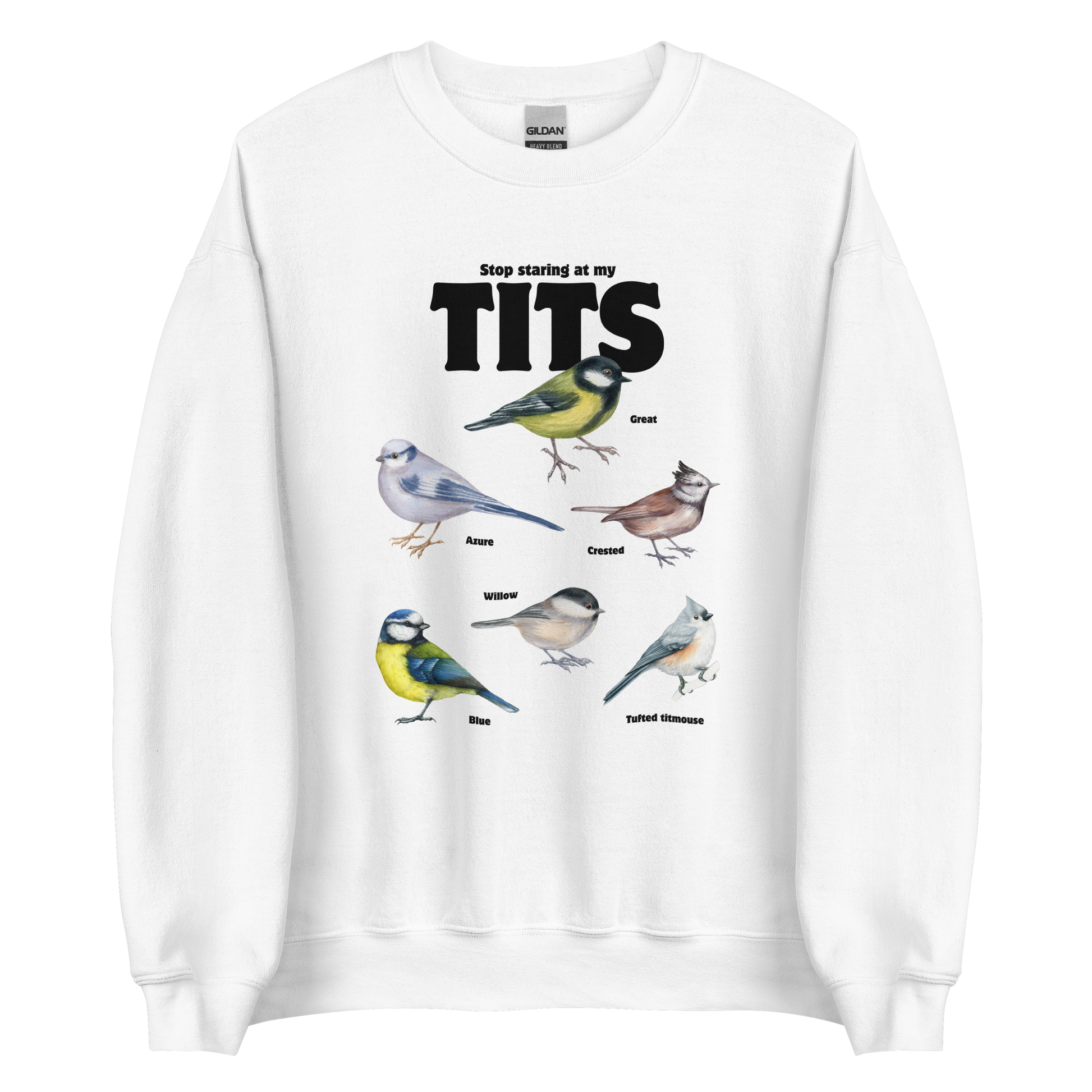 White Tit Sweatshirt featuring a funny Stop Staring At My Tits graphic on the chest - Funny Graphic Tit Bird Sweatshirts - Boozy Fox