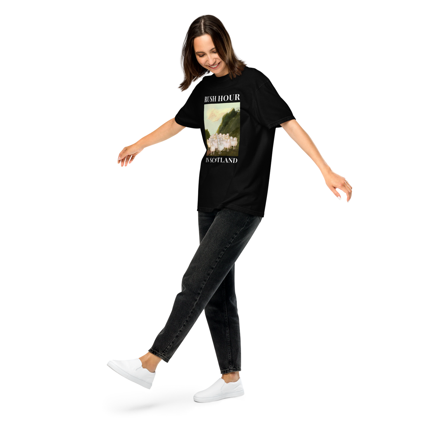 Woman wearing a black Rush Hour in Scotland Sheep Heavyweight T-Shirt - Boozy Fox