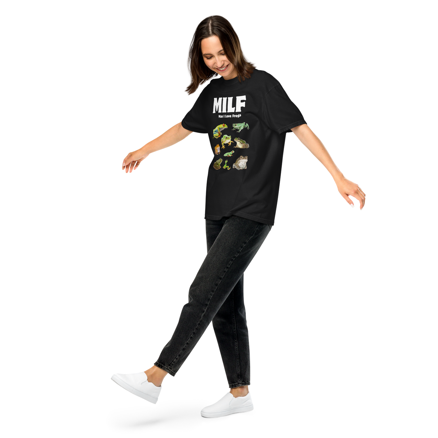 Woman wearing a black Man I Love Frogs Heavyweight T-Shirt - Boozy Fox