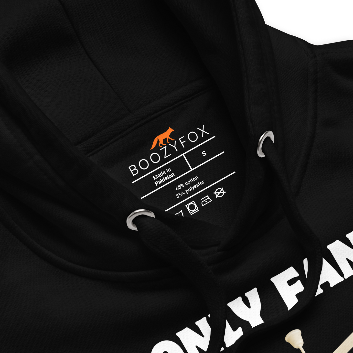 Product details of a funny Only Fans parody premium graphic hoodie in black by Boozy Fox