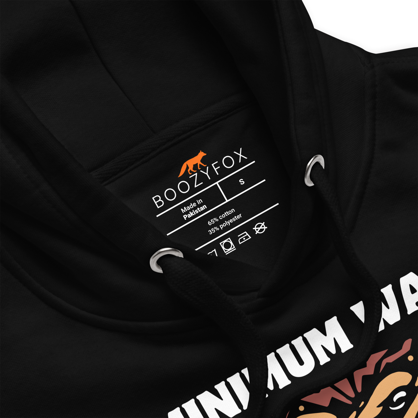 Product details of a Funny Minimum Wage Maximum Rage Bear premium graphic hoodie in black by Boozy Fox