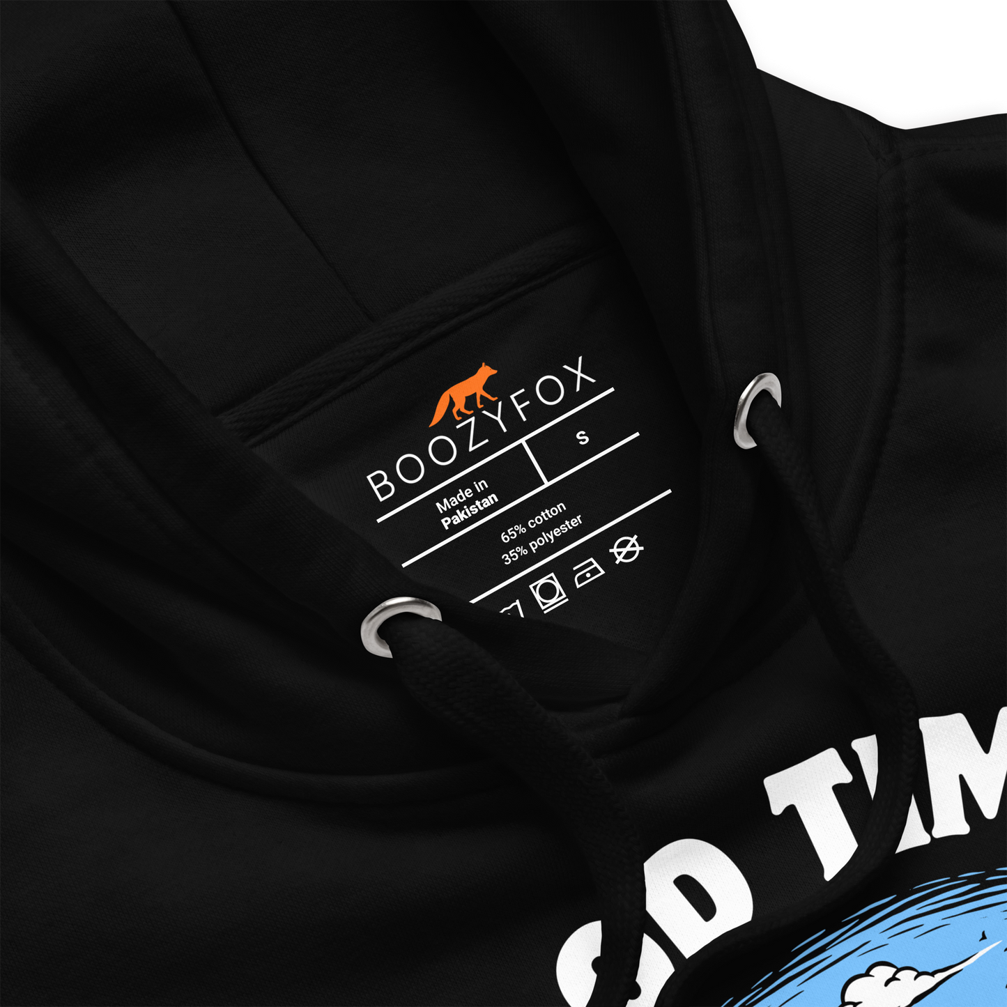 Product details of a Funny Good Times Bad Friends skeleton beer premium graphic hoodie in black by Boozy Fox