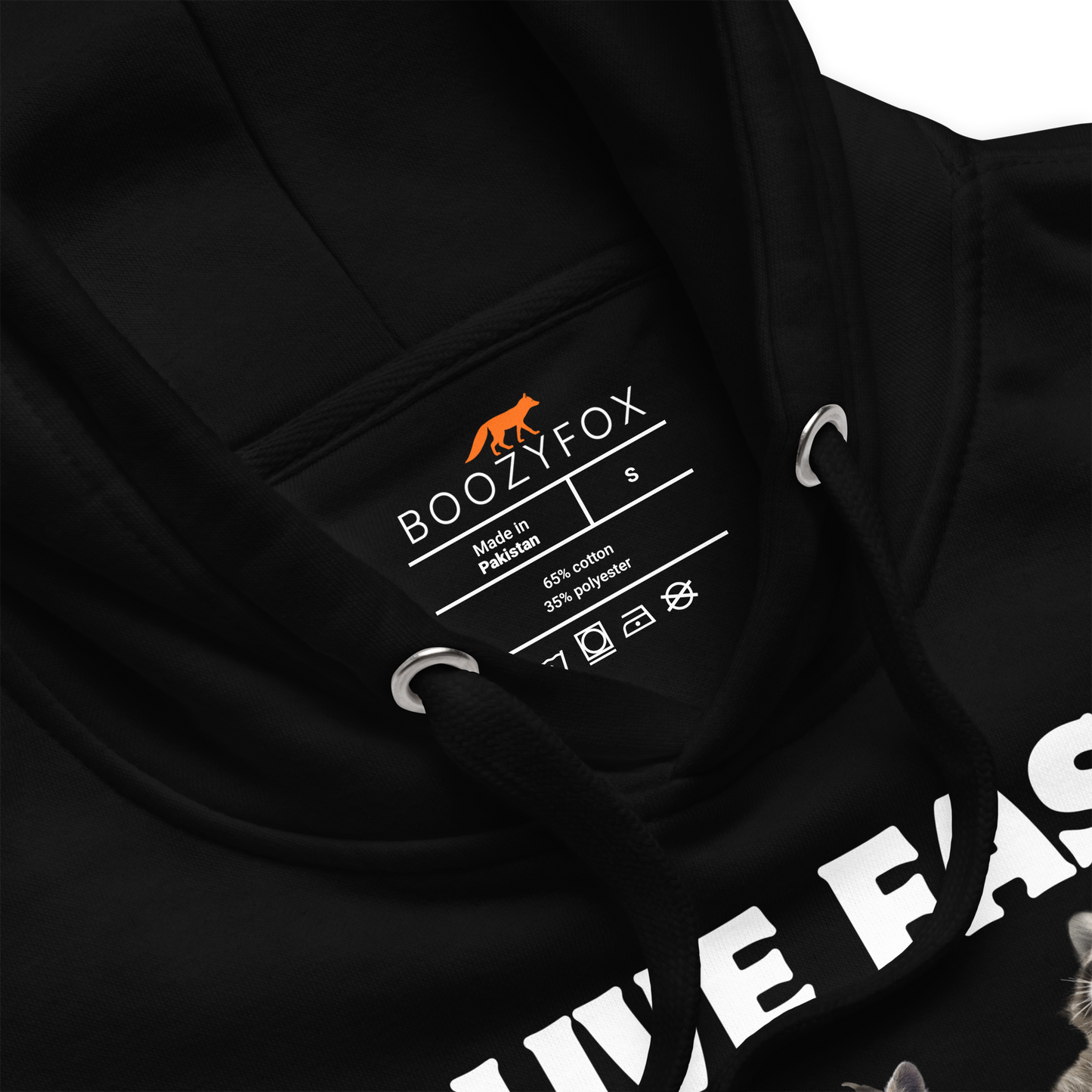 Product details of a funny Live Fast Eat Trash Raccoon premium graphic hoodie in black by Boozy Fox
