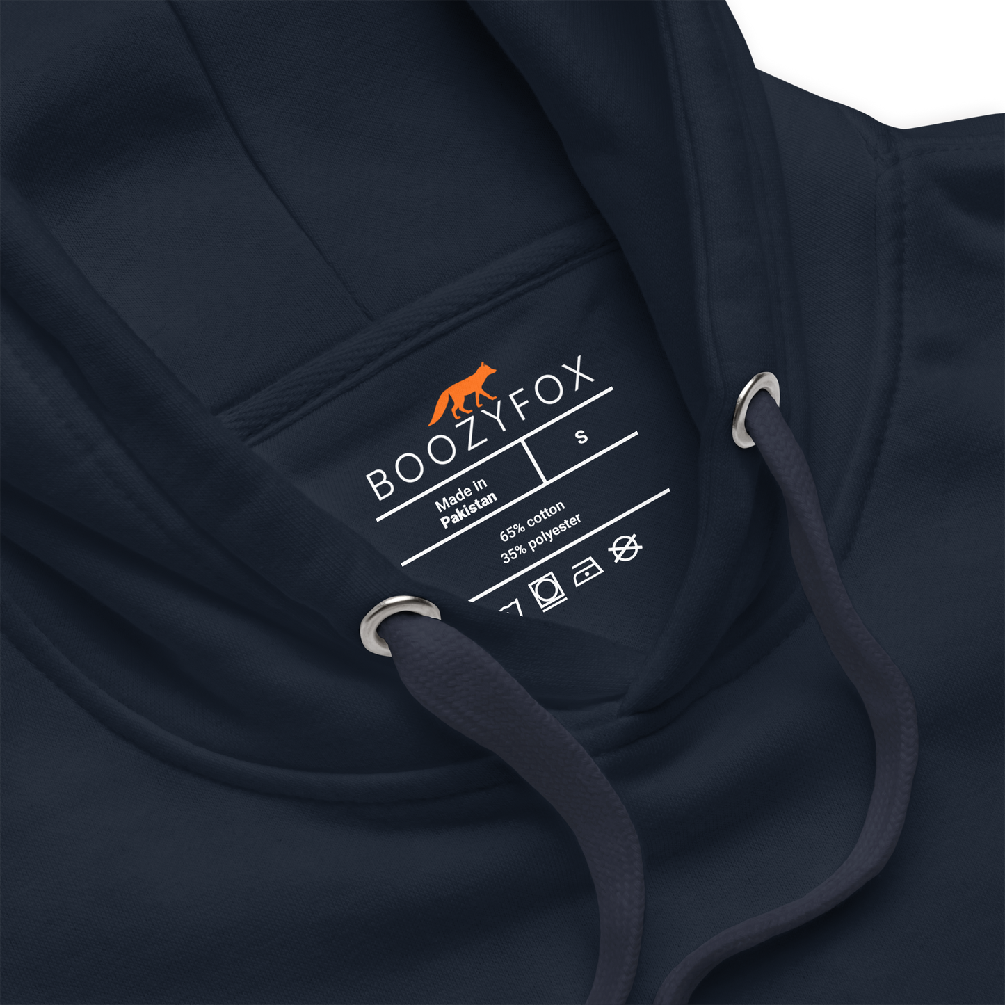 Product details of a premium graphic hoodie in navy blazer by Boozy Fox
