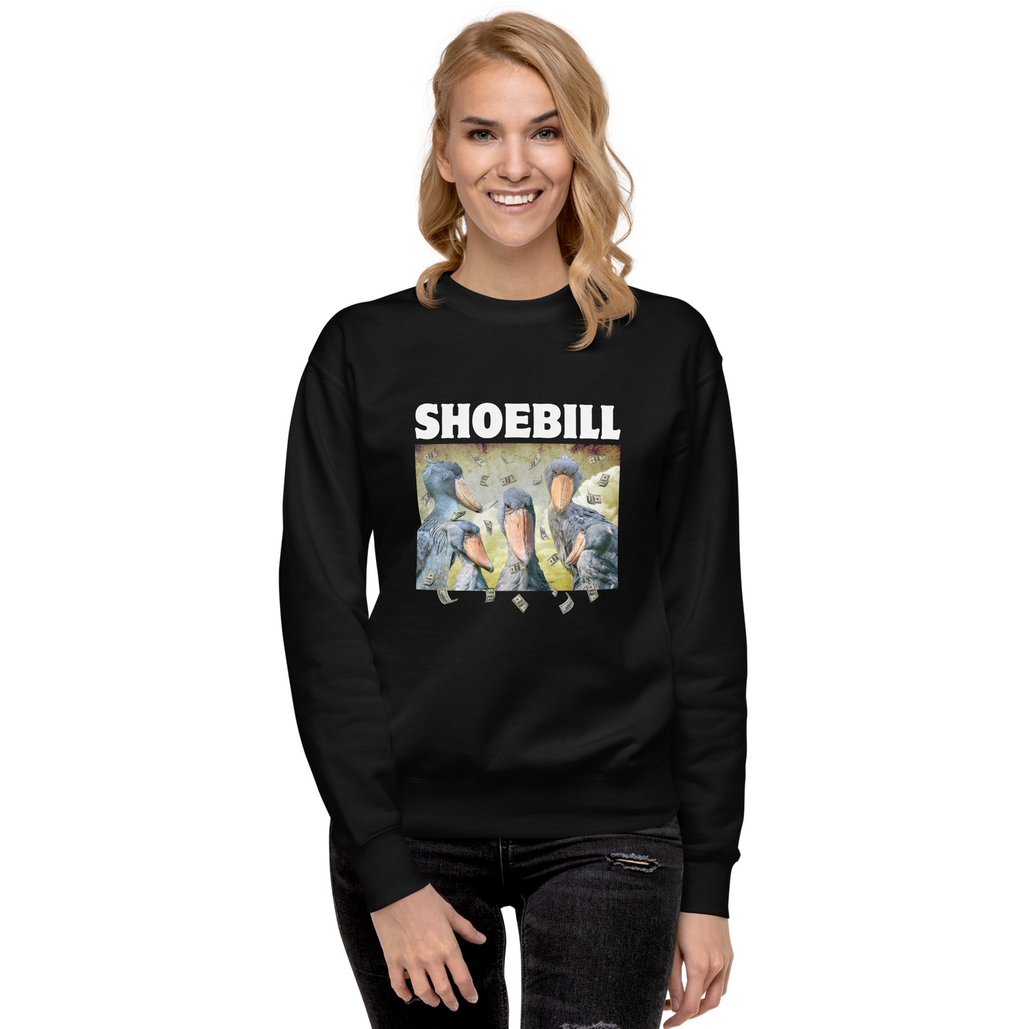 Woman wearing a Black Shoebill Graphic Premium Sweatshirt - Boozy Fox