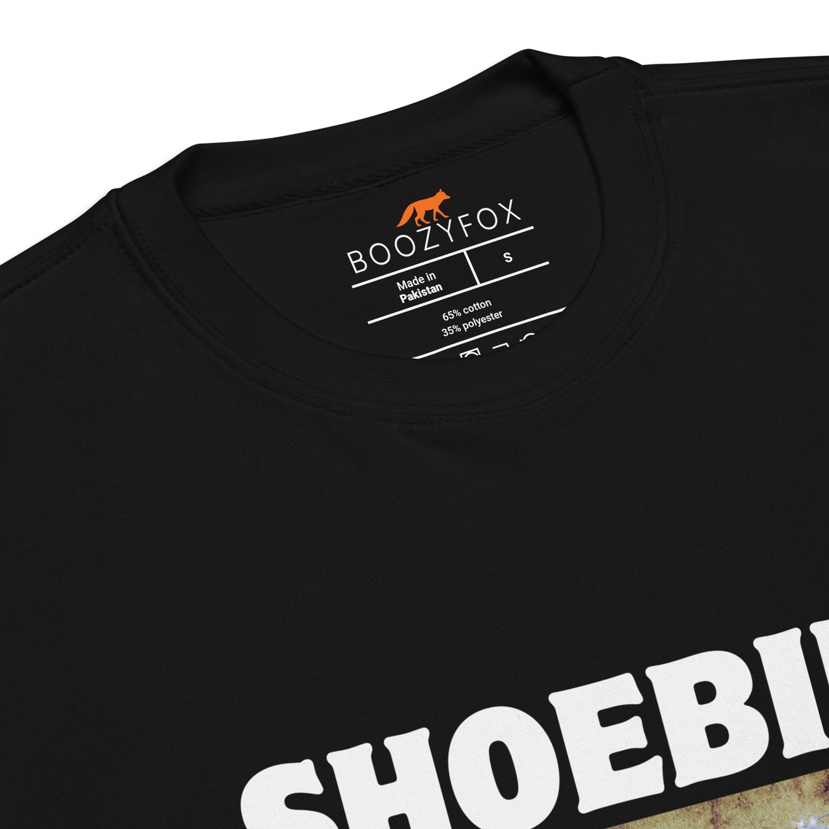 Close-up detail of black premium sweatshirt collar and Boozy Fox neck label
