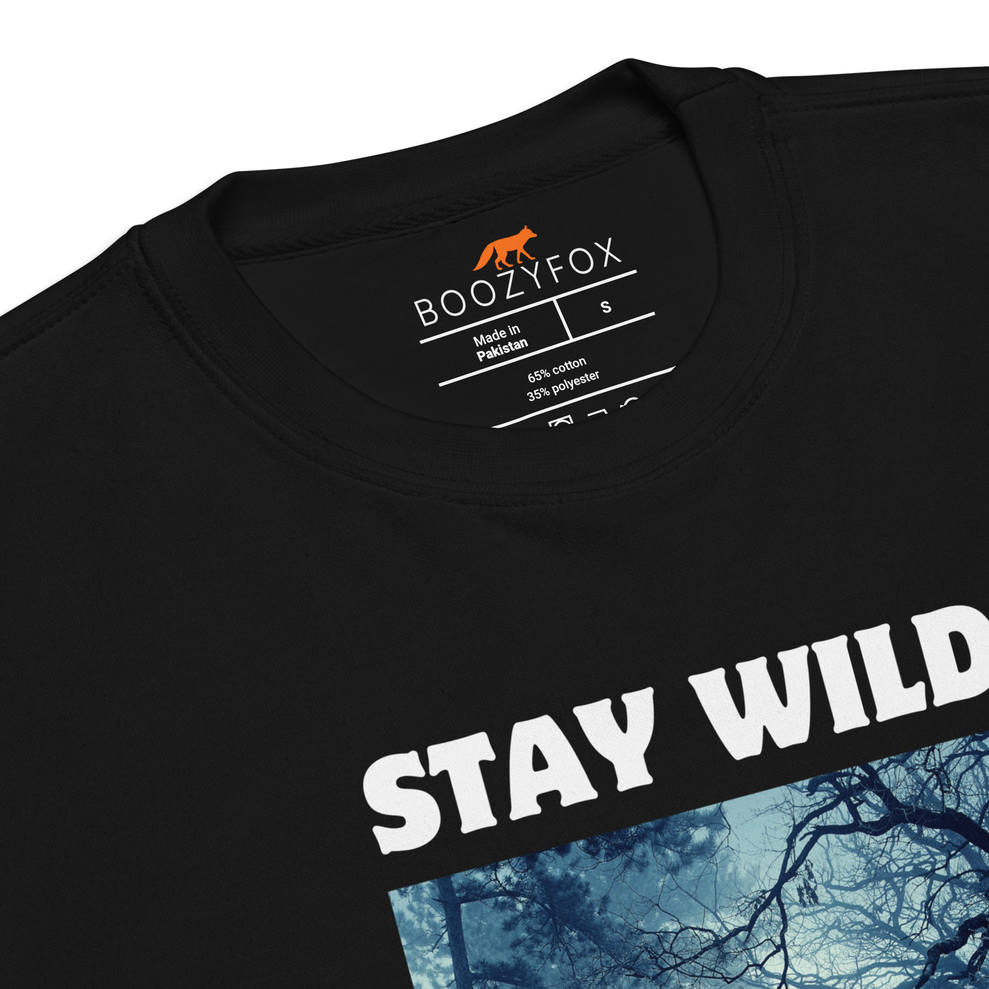 Product details of a Black Stay Wild Bear Graphic Premium Sweatshirt - Boozy Fox