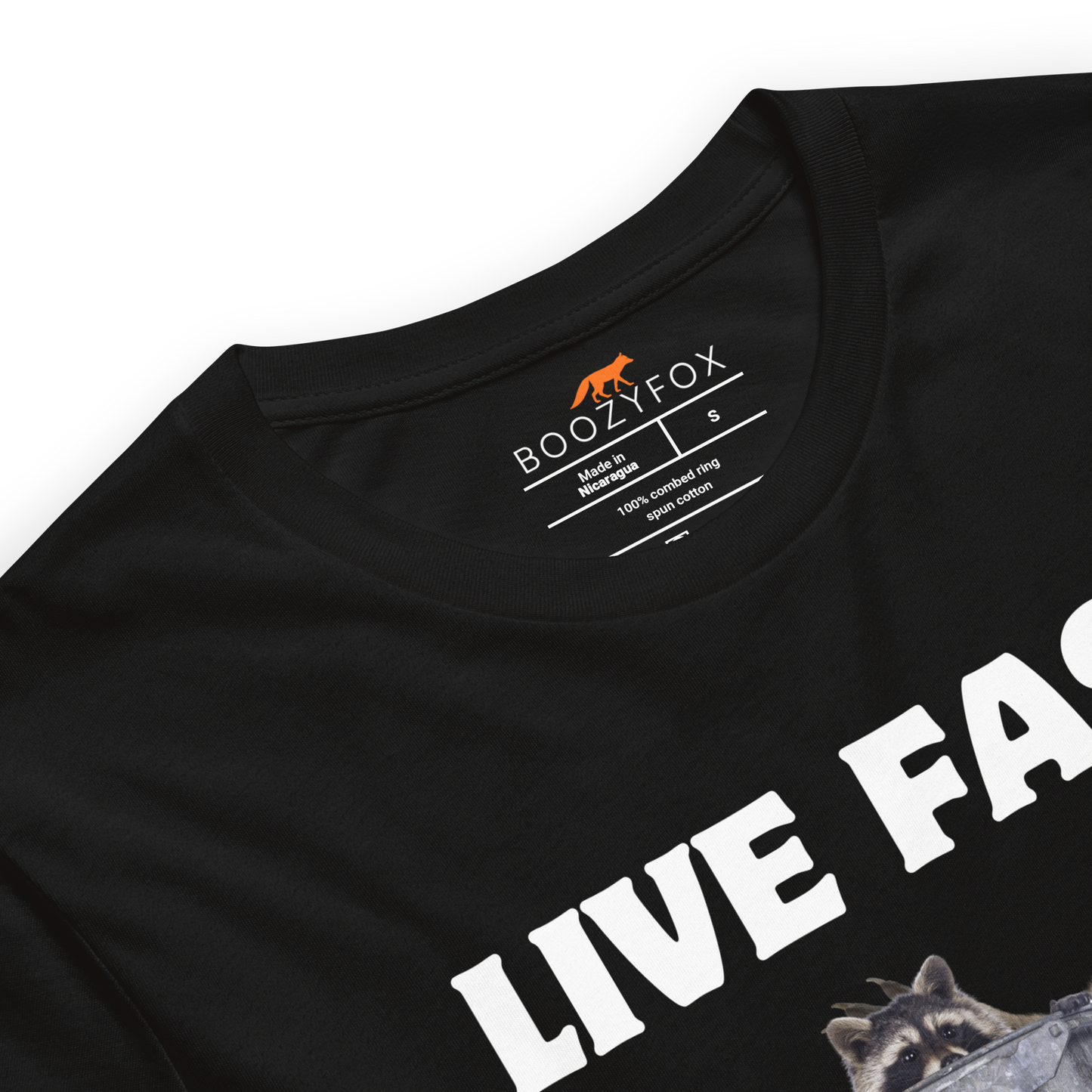 Product details of a Black Live Fast Eat Trash Raccoon Tee - Boozy Fox