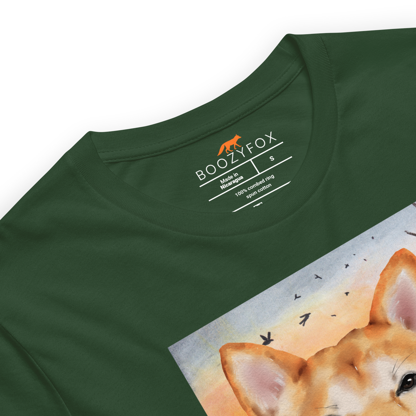 Product details of a Funny Shiba Inu lightweight graphic tee in forest green by Boozy Fox