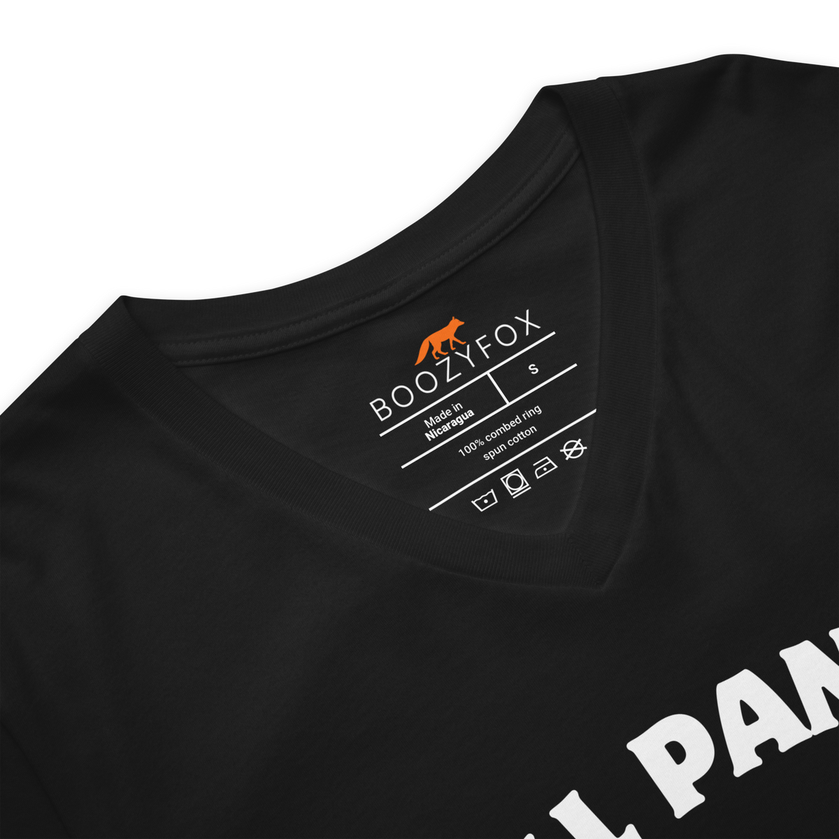 Close-up detail of black v-neck t-shirt collar and Boozy Fox neck label