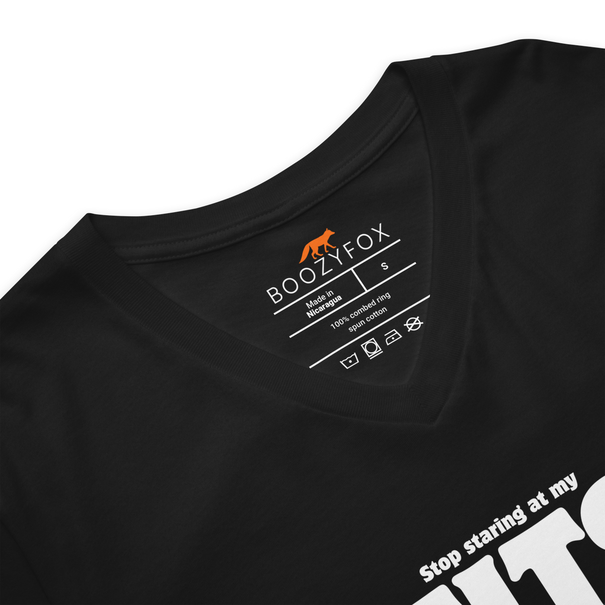 Close-up detail of black v-neck t-shirt collar and Boozy Fox neck label
