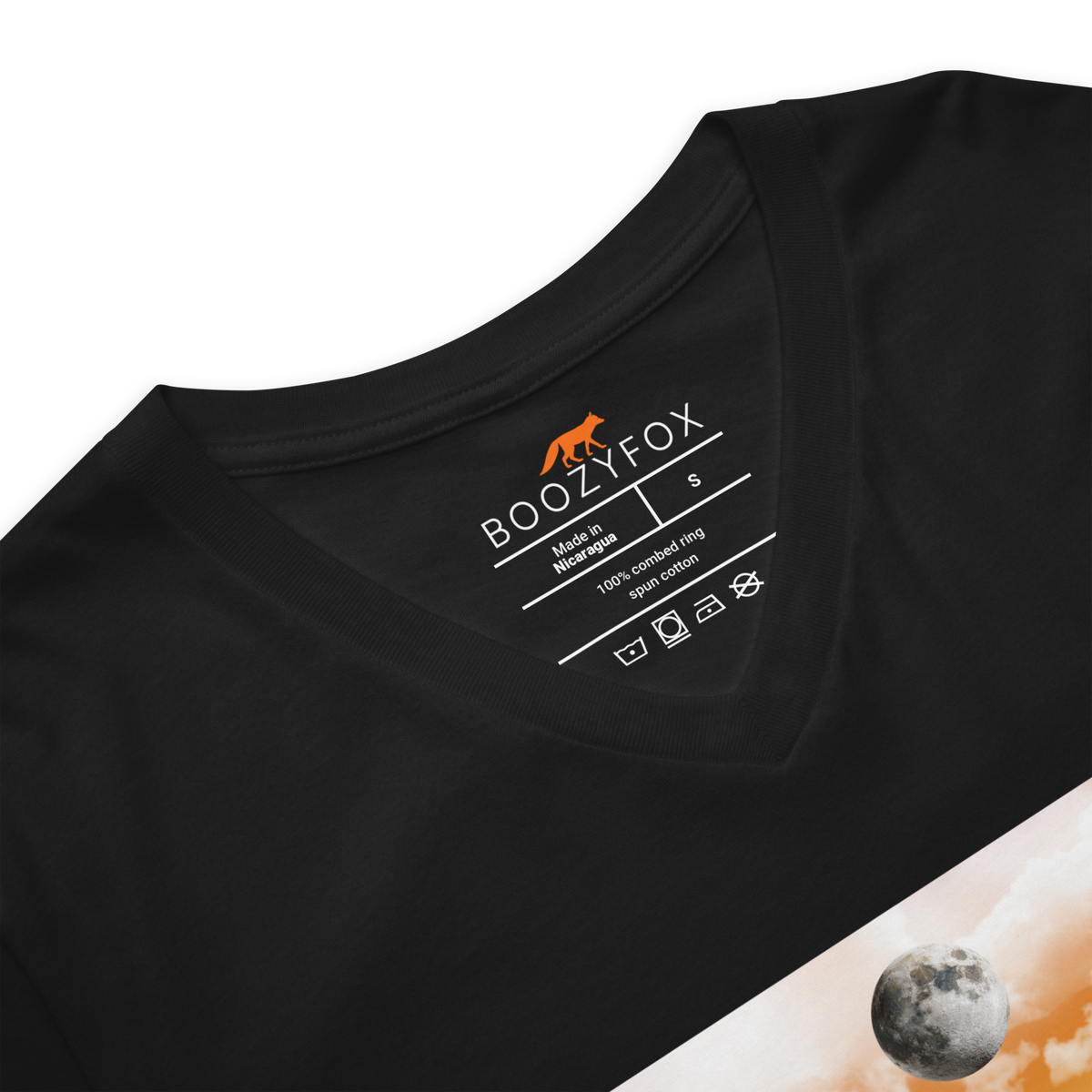 Close-up detail of black v-neck t-shirt collar and Boozy Fox neck label