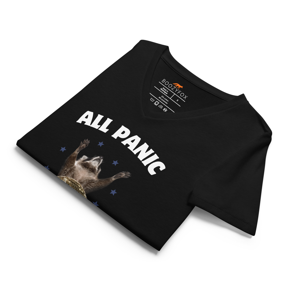 Close-up detail of women's black v-neck t-shirt collar and Boozy Fox neck label