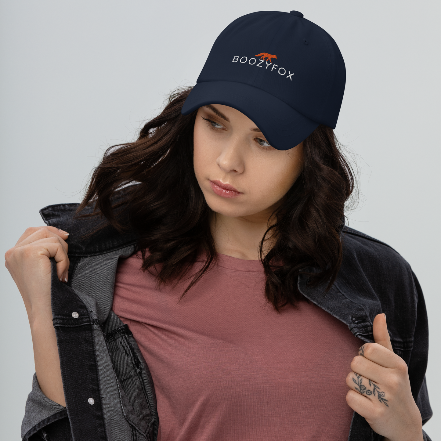 Woman Wearing a Navy Dad Hat - Boozy Fox