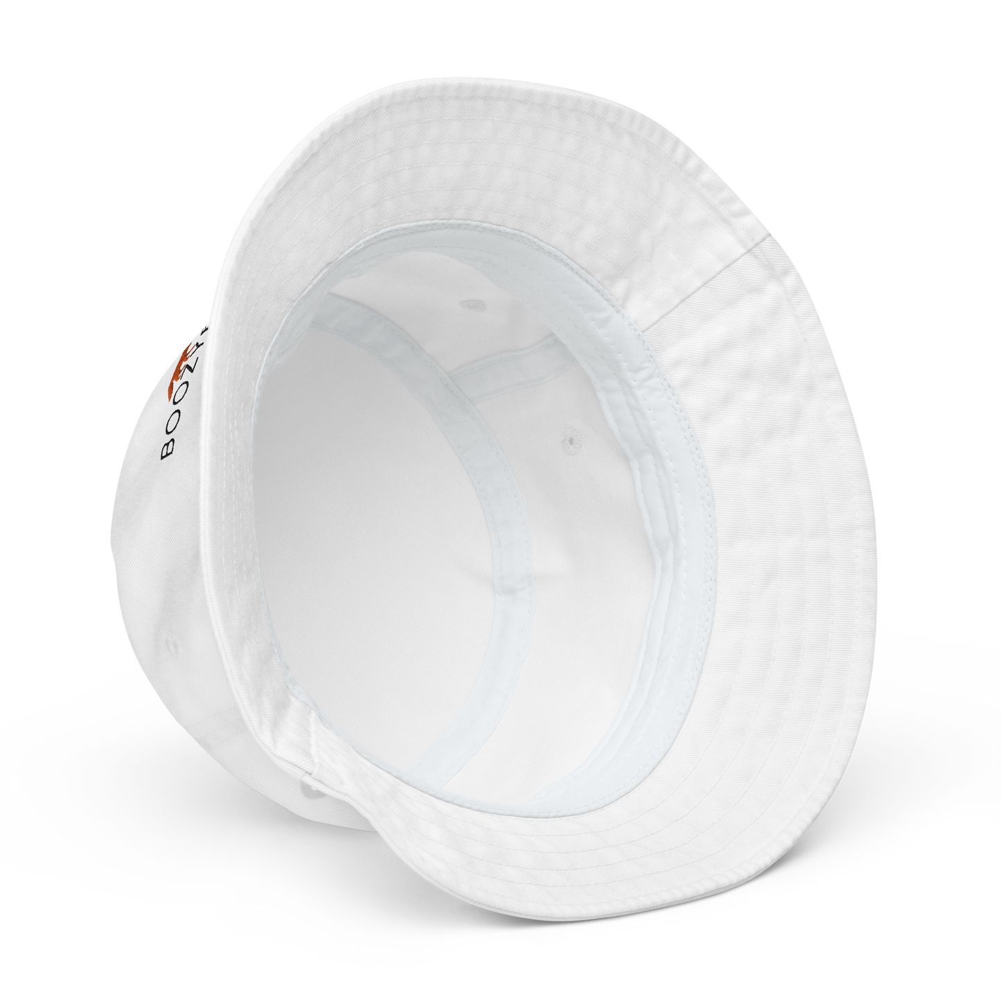 Inside details of a White Organic Bucket Hat featuring a recognizable Boozy Fox embroidery logo on the front - Bucket Hats - Boozy Fox