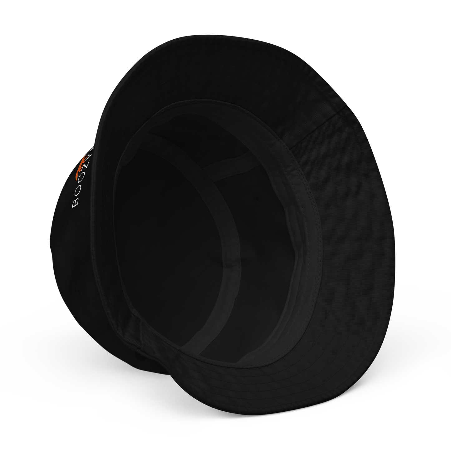 Inside details of a Black Organic Bucket Hat featuring a recognizable Boozy Fox embroidery logo on the front - Bucket Hats - Boozy Fox