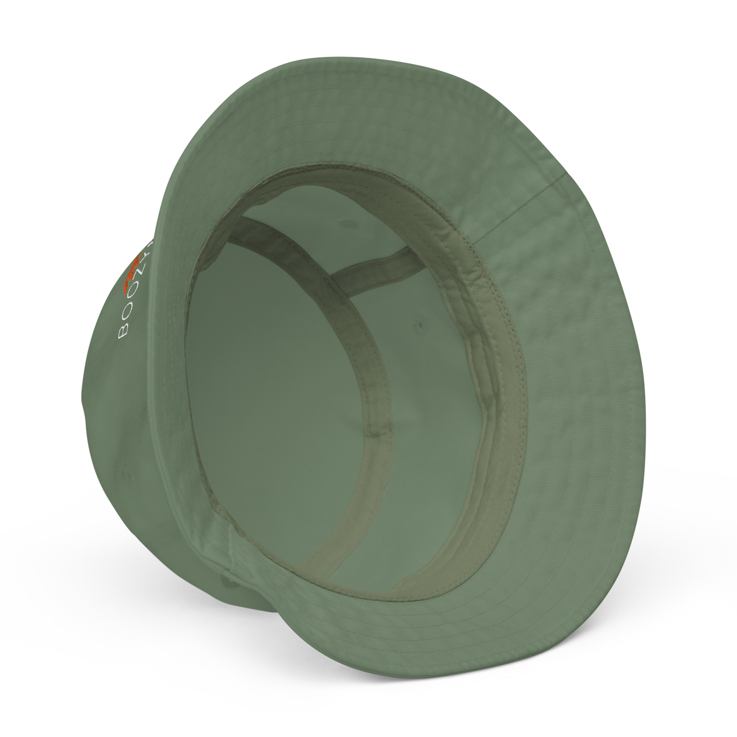 Inside details of a Dill Green Organic Bucket Hat featuring a recognizable Boozy Fox embroidery logo on the front - Bucket Hats - Boozy Fox