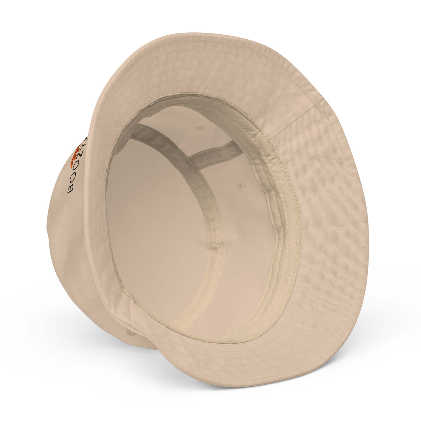 Inside details of a Stone Colored Organic Bucket Hat featuring a recognizable Boozy Fox embroidery logo on the front - Bucket Hats - Boozy Fox